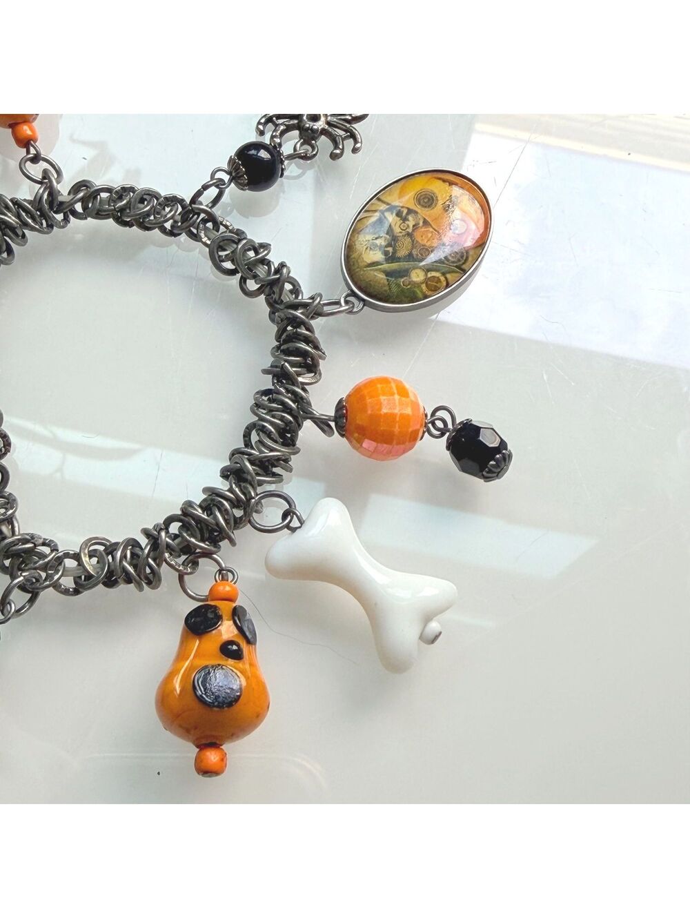 Vintage Halloween Charm Stretch Bracelet Pumpkin Ghost Spider 6.75"-9โ ๐ - Picture 4 of 5